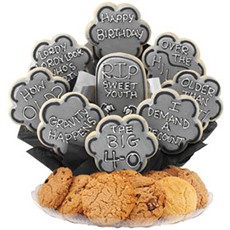 Perfect for a 40th or 50th birthday gifts, this �Older than Dirt� cookie bouquet, decorated in gray, black, and white icing, sends fun messages such as �Gravity Happens� and �I Demand a Recount.�